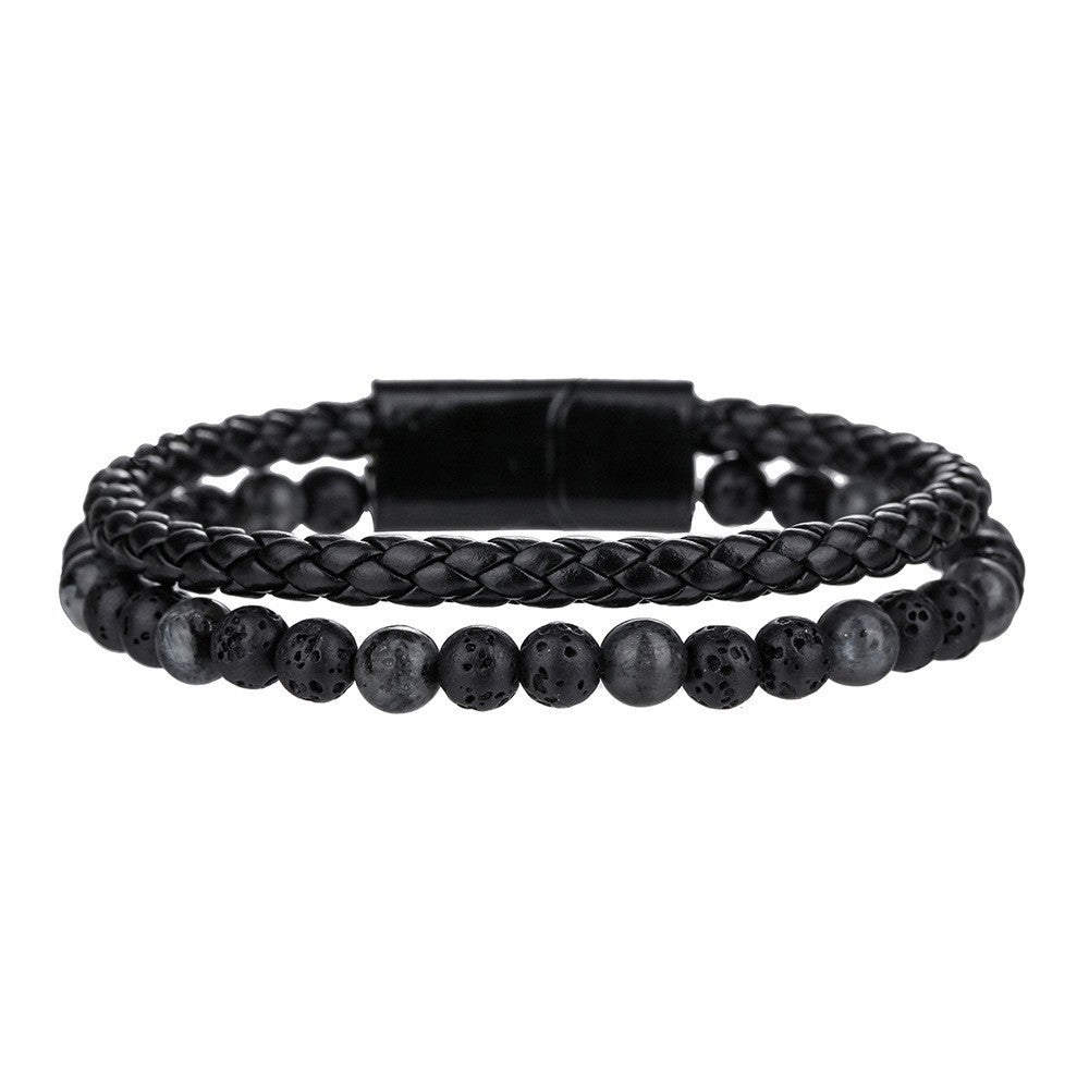 Cross-border new hip-hop punk beaded men's bracelet set stacked with black agate tiger's eye leather magnetic buckle bracelet