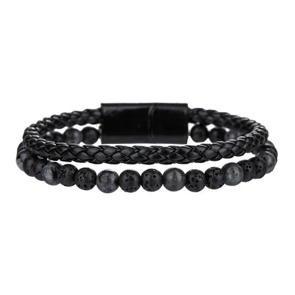 Cross-border new hip-hop punk beaded men's bracelet set stacked with black agate tiger's eye leather magnetic buckle bracelet