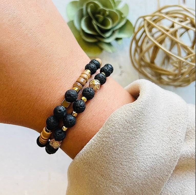 Cross-border natural semi-precious stone bead string men's bracelet volcanic stone wood bead spacer bracelet summer men's vacation jewelry