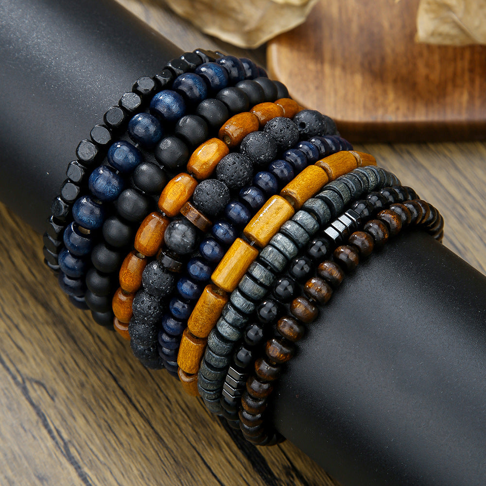 Europe and the United States cross-border hot-selling jewelry men's retro wood beads volcanic stone elastic bracelet versatile niche stacked bracelet cover