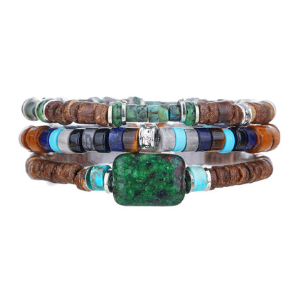 Natural rough stone beaded bracelet, European and American retro vacation style men's bracelet set, elastic coconut shell wood chip bracelet for women