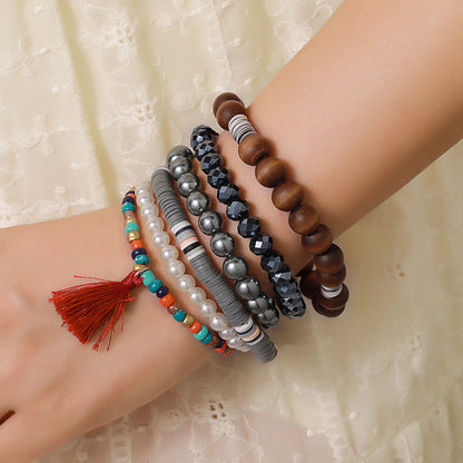 Cross-border fashion bohemian glass bead wood bead pearl bracelet multi-layer elastic soft pottery bracelet combination set