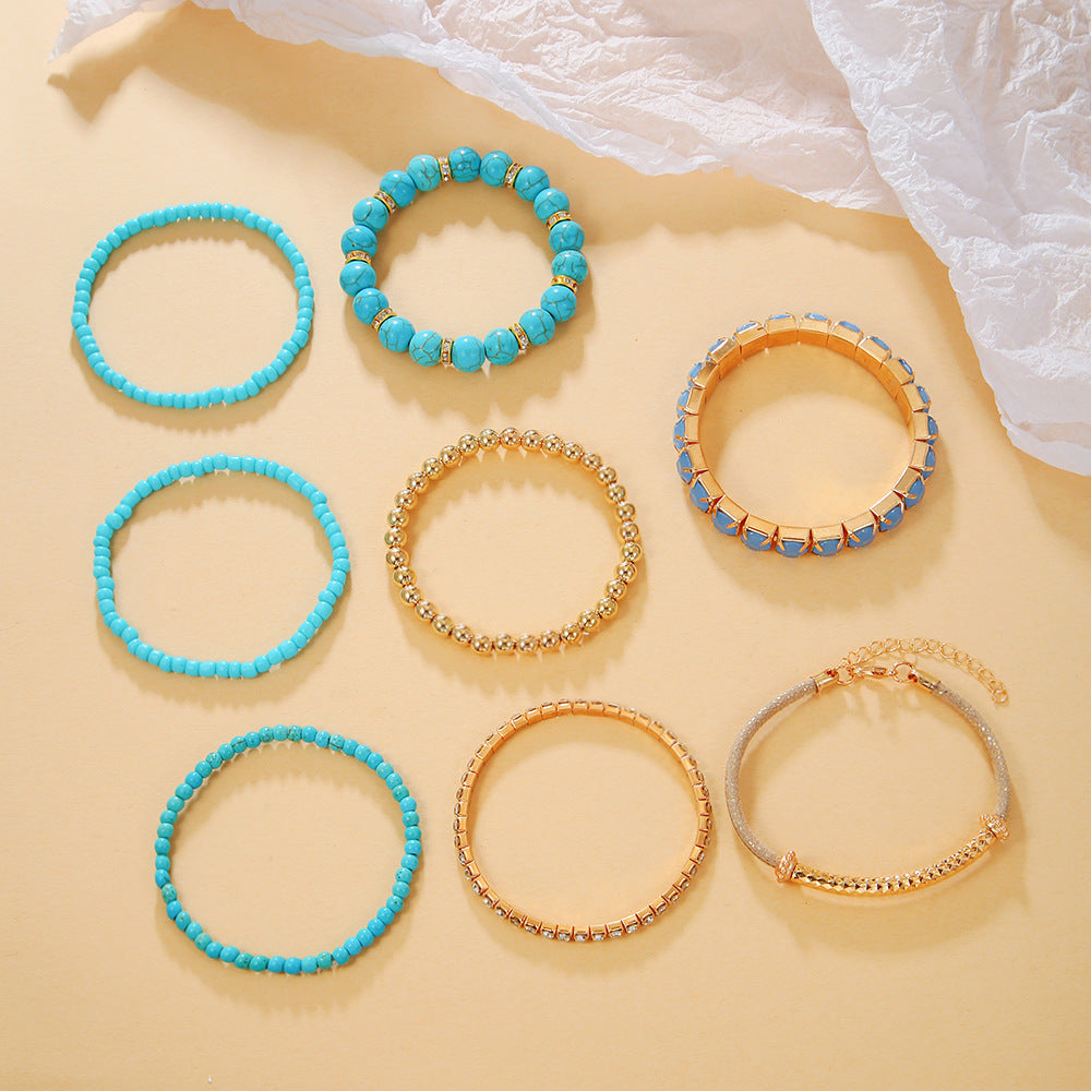 Bohemian heat sells turquoise round bead bracelet set, retro elastic rhinestone rice bead bracelet, bracelet bracelet.