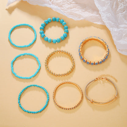 Bohemian heat sells turquoise round bead bracelet set, retro elastic rhinestone rice bead bracelet, bracelet bracelet.