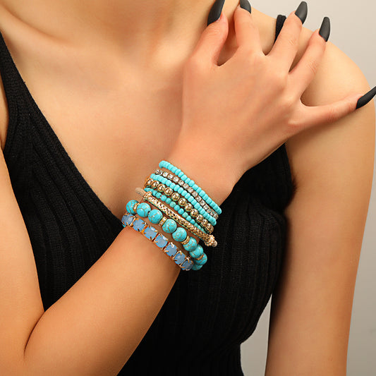 Bohemian heat sells turquoise round bead bracelet set, retro elastic rhinestone rice bead bracelet, bracelet bracelet.