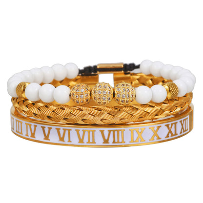 Zircon Skull Leopard Head Crown Bracelet Stainless Steel Men's White Oil Drip Roman Numeral Bracelet Set