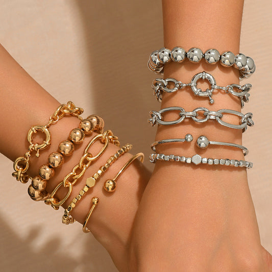 European and American cross-border bracelet retro chain bracelet simple geometric opening round bead gold glossy bracelet bracelet set