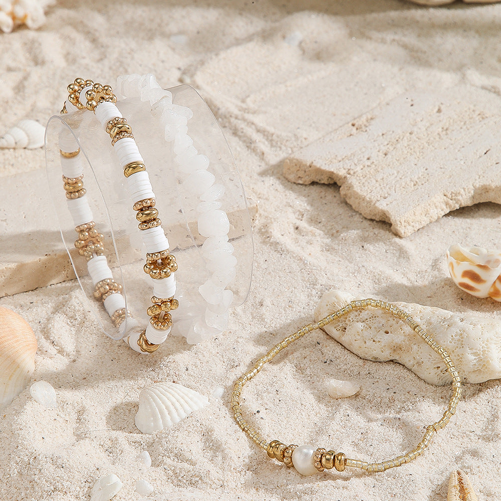 European and American cross-border jewelry white rice beads gravel beaded pearl bracelet women's fashion hand-stacked jewelry bracelet women