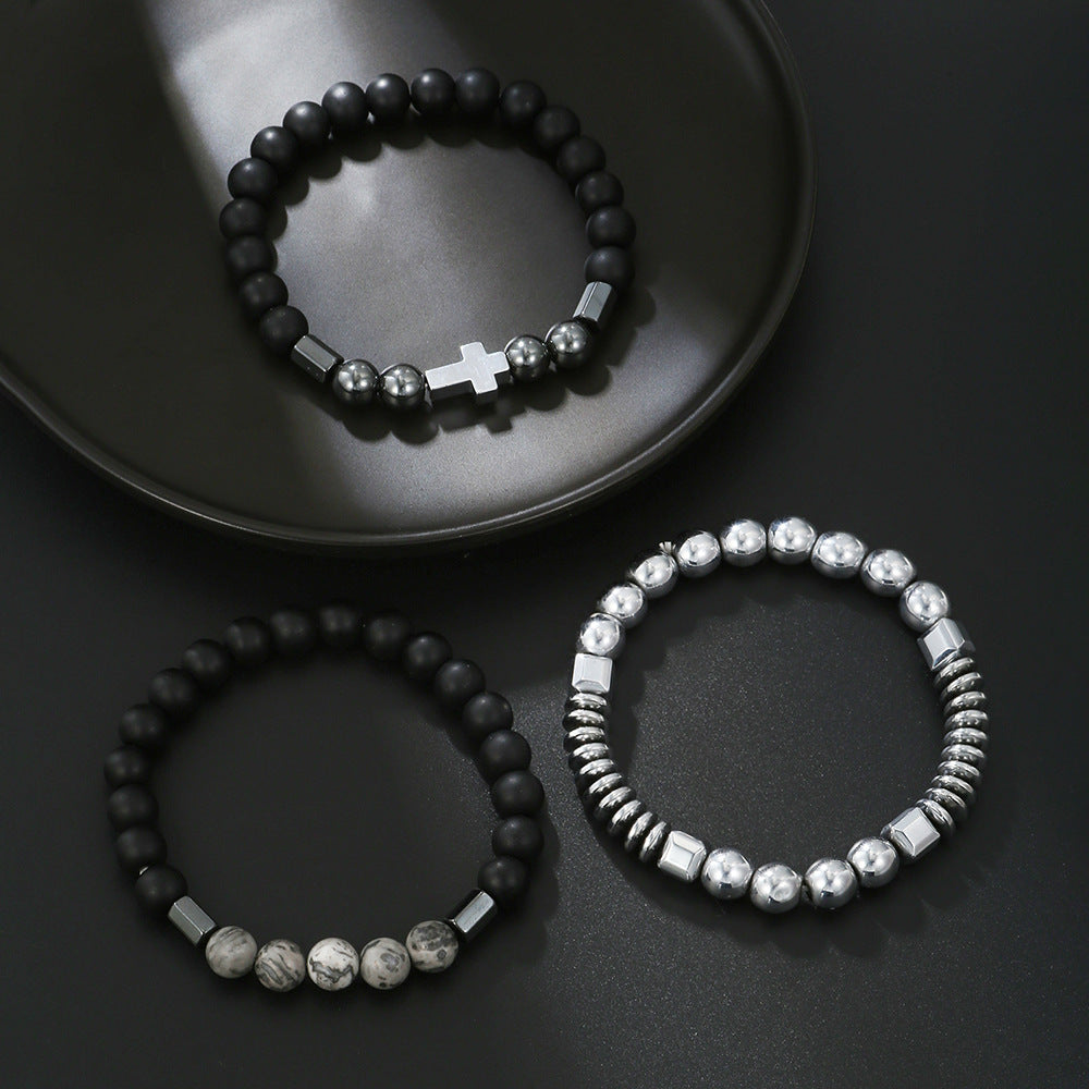 Cross-border hot-selling stone bracelet black gallstone cross flying saucer retro bracelet map stone elastic bracelet combination male
