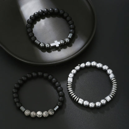 Cross-border hot-selling stone bracelet black gallstone cross flying saucer retro bracelet map stone elastic bracelet combination male