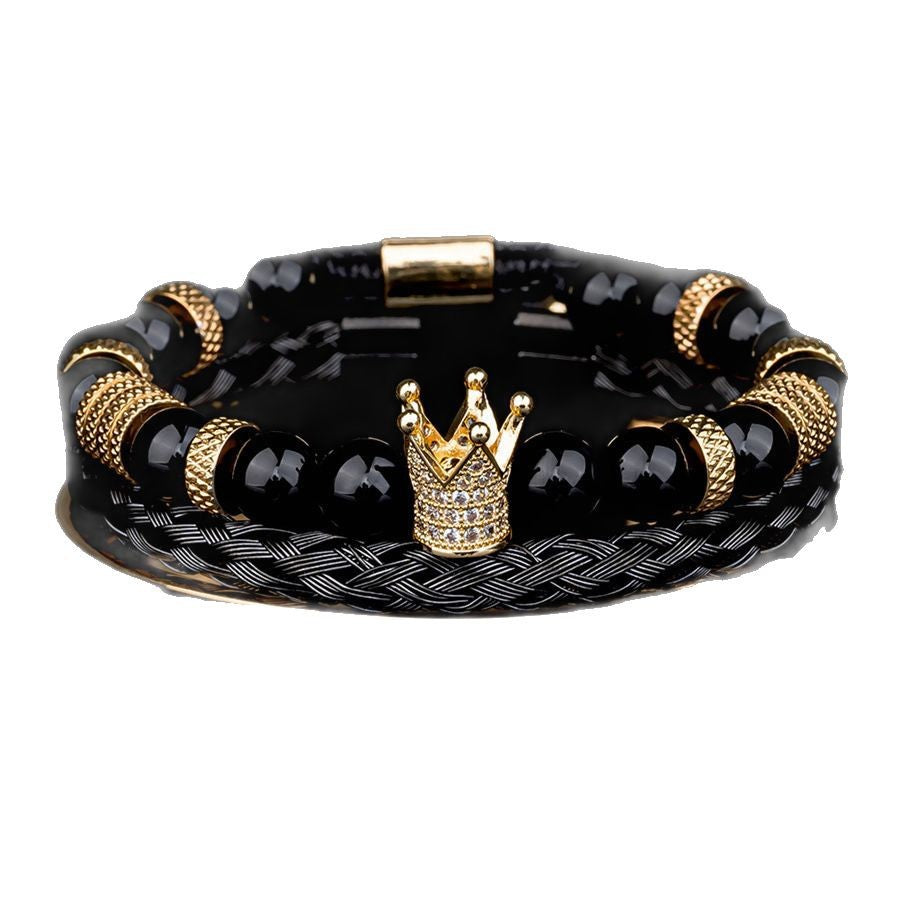 Cross-border punk hip-hop stacked bracelet set dripping oil Roman bracelet copper inlaid zircon crown black agate bracelet men