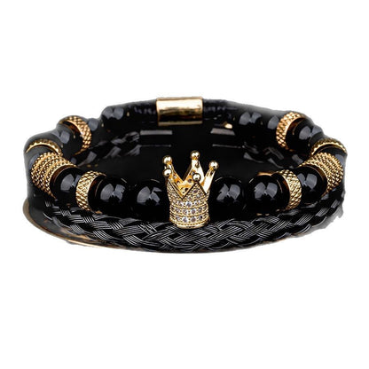 Cross-border punk hip-hop stacked bracelet set dripping oil Roman bracelet copper inlaid zircon crown black agate bracelet men