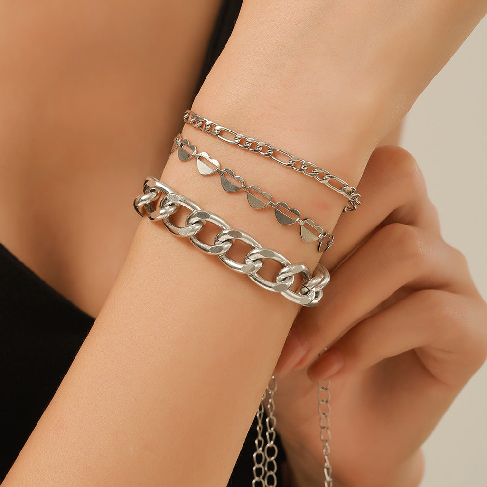 European and American cross-border choker hip-hop bracelet combination personalized design metal chain hipop multi-layer stacked bracelet