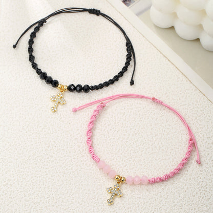 European and American diamond-encrusted cross pendant, crystal beaded couple bracelet, black pink woven adjustable friendship girlfriend bracelet.