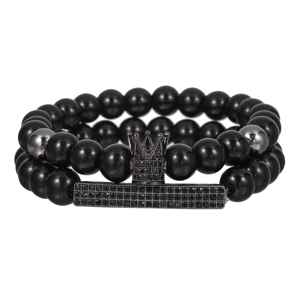 European and American new simple matte black bead volcanic stone crown black zircon bracelet set 2 elastic Buddha bead bracelets
