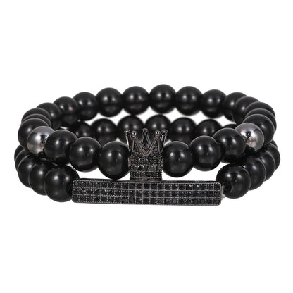 European and American new simple matte black bead volcanic stone crown black zircon bracelet set 2 elastic Buddha bead bracelets