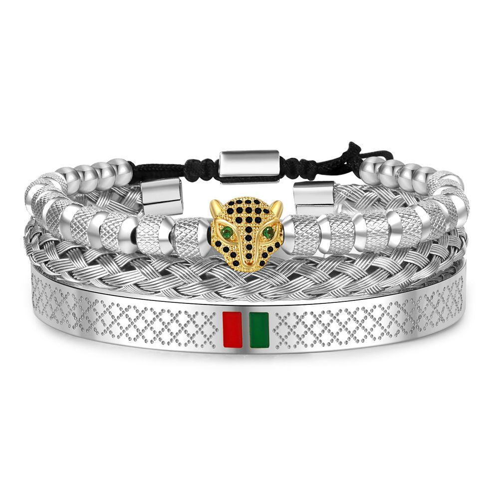 Hip Hop Men's Copper Inlaid Zircon Leopard Head Stainless Steel Bracelet Bracelet Combination Set Non-Fading Internet celebrity jewelry