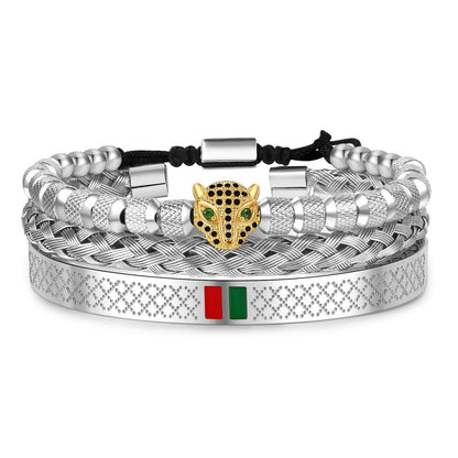 Hip Hop Men's Copper Inlaid Zircon Leopard Head Stainless Steel Bracelet Bracelet Combination Set Non-Fading Internet celebrity jewelry