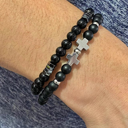 European and American retro style beaded bracelet male punk rock jewelry accessories natural black gallstone spotted stone bracelet wholesale
