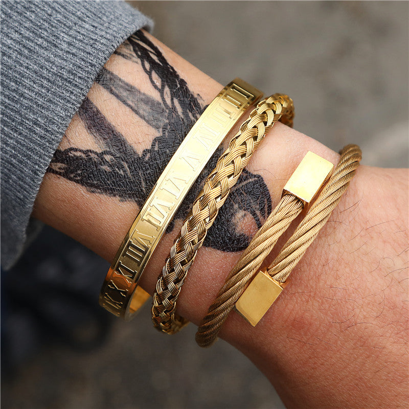 Cross-border European and American retro Roman nail bracelet stainless steel set bracelet men's punk style versatile titanium steel bracelet