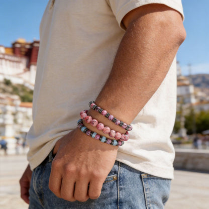 Cross-border new men's stacked beaded bracelets fashionable versatile powder zebra black gallstone natural stone elastic bracelet men
