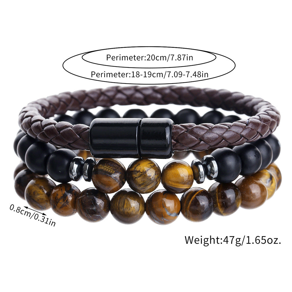 Cross-border new hip-hop punk beaded men's bracelet set stacked with black agate tiger's eye leather magnetic buckle bracelet