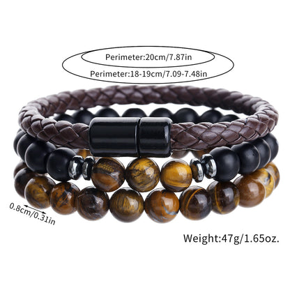 Cross-border new hip-hop punk beaded men's bracelet set stacked with black agate tiger's eye leather magnetic buckle bracelet