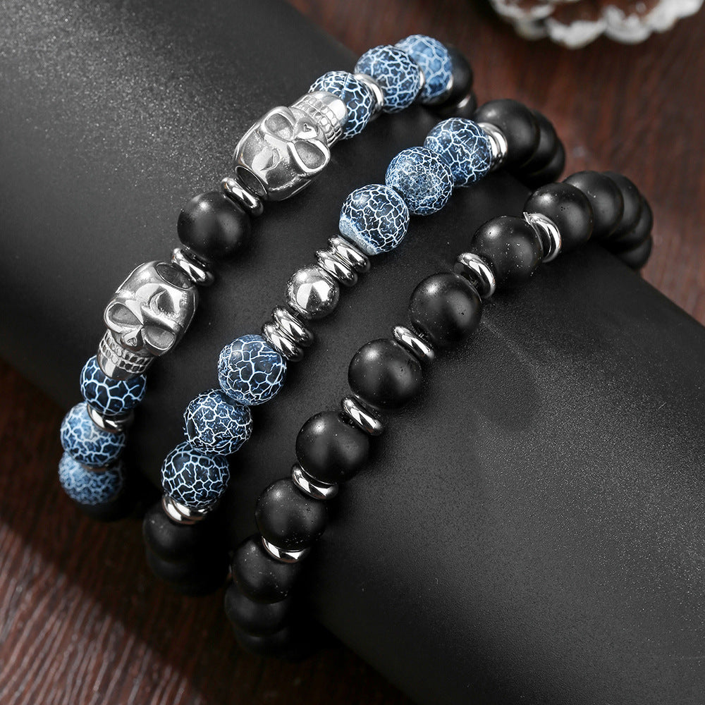 Retro Men's Hip Hop Stainless Steel Skull Bracelet Multilayer Stacked Wear Beaded Weathered Black Agate Bracelet Non-Fading