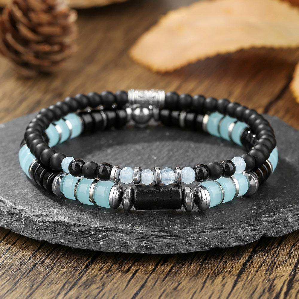 Vintage Men's Wood Bead Turquoise Bracelet Combination Multilayer Stacked Elastic Beaded Bracelet Hip Hop Vacation Bracelet Men