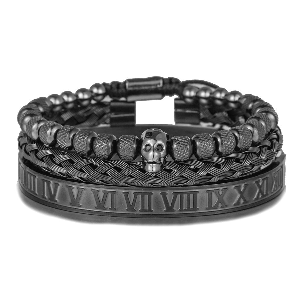 European and American retro zircon skull woven bracelet bracelet set Roman numerals letter woven stainless steel bracelet