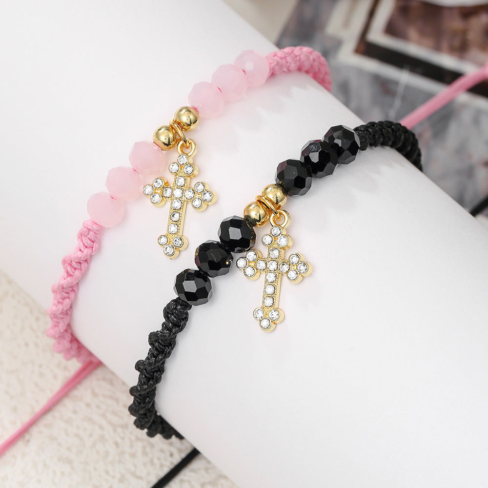 European and American diamond-encrusted cross pendant, crystal beaded couple bracelet, black pink woven adjustable friendship girlfriend bracelet.