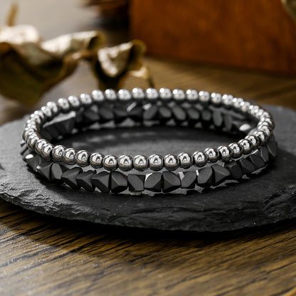 Irregular cut black gallstone broken silver tiger's eye stone elastic beaded bracelet men's business bracelet stacked bracelet
