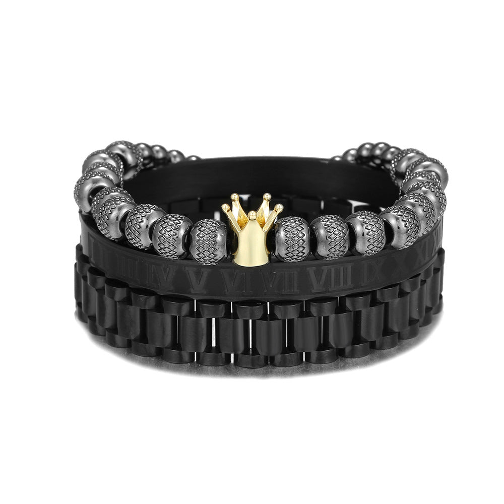 European and American zircon crown woven bracelet set, Roman letter stainless steel strap chain men's bracelet three-piece set