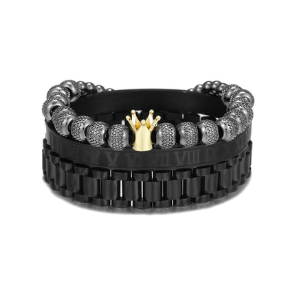 European and American zircon crown woven bracelet set, Roman letter stainless steel strap chain men's bracelet three-piece set