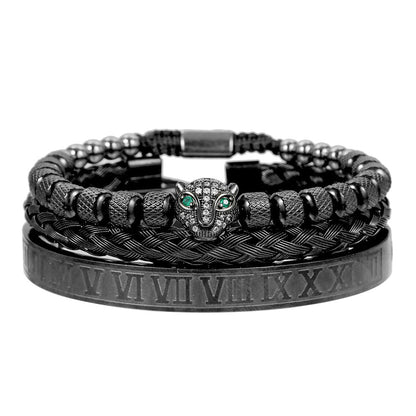 European and American retro versatile zircon leopard head woven bracelet Roman letter woven stainless steel mesh bracelet set