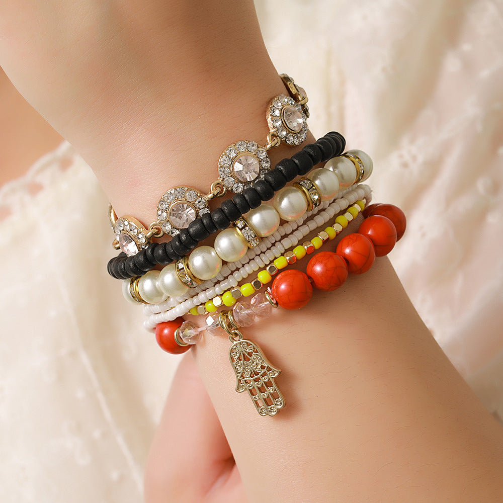European and American turquoise bracelet Fatima palm diamond beaded wood bead bracelet Bohemian multi-layer pearl bracelet women