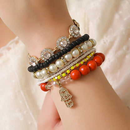 European and American turquoise bracelet Fatima palm diamond beaded wood bead bracelet Bohemian multi-layer pearl bracelet women