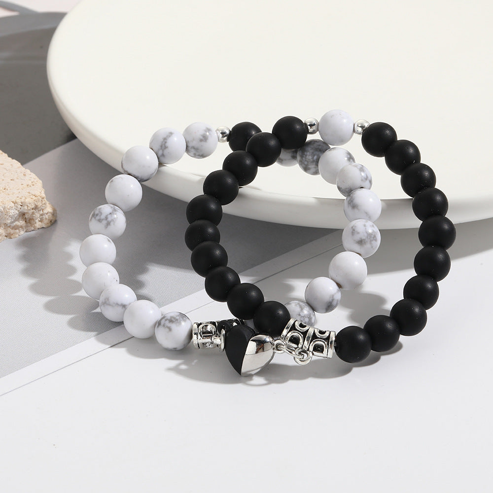 Heart-to-heart suction black turquoise couple bracelet women's niche design ins magnet elastic bracelet set