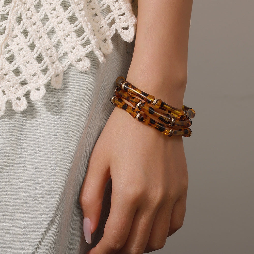 European and American Internet celebrities popular bamboo tube beaded bracelet women's fashion versatile elastic stack wearing leopard print acrylic bracelet women