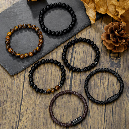 Cross-border new hip-hop punk beaded men's bracelet set stacked with black agate tiger's eye leather magnetic buckle bracelet