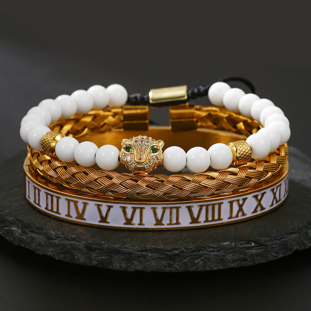 Zircon Skull Leopard Head Crown Bracelet Stainless Steel Men's White Oil Drip Roman Numeral Bracelet Set
