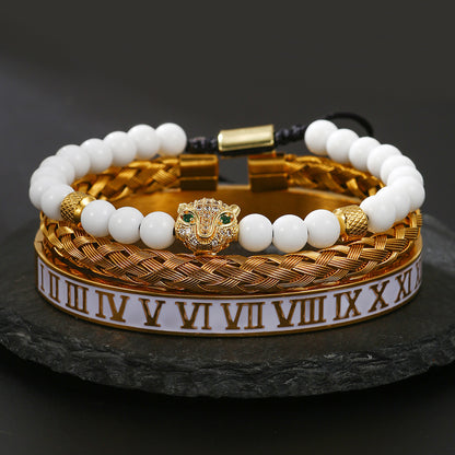 Zircon Skull Leopard Head Crown Bracelet Stainless Steel Men's White Oil Drip Roman Numeral Bracelet Set