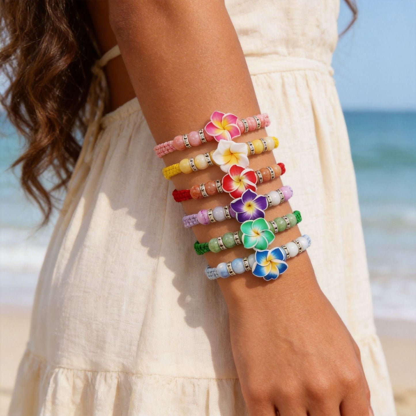 Cross-border hot-selling sweet and cute soft pottery flower bracelet, hand-woven hand rope, fashionable and simple adjustable bracelet combination