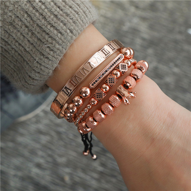 Cross-border explosive copper inlaid zircon bracelet combination stainless steel open bracelet woven crown bracelet stacked bracelet men