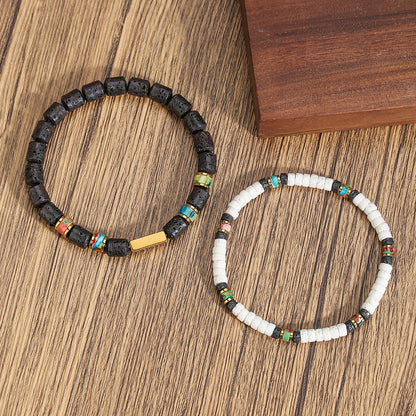 Cross-border personalized trend American double-layer stacked bracelet, black gallstone volcanic stone jewelry set, versatile men's bracelet.