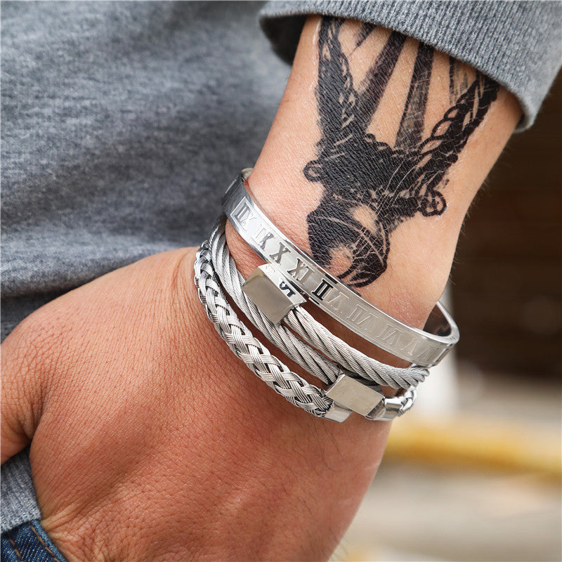 Cross-border European and American retro Roman nail bracelet stainless steel set bracelet men's punk style versatile titanium steel bracelet