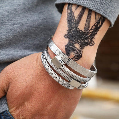 Cross-border European and American retro Roman nail bracelet stainless steel set bracelet men's punk style versatile titanium steel bracelet