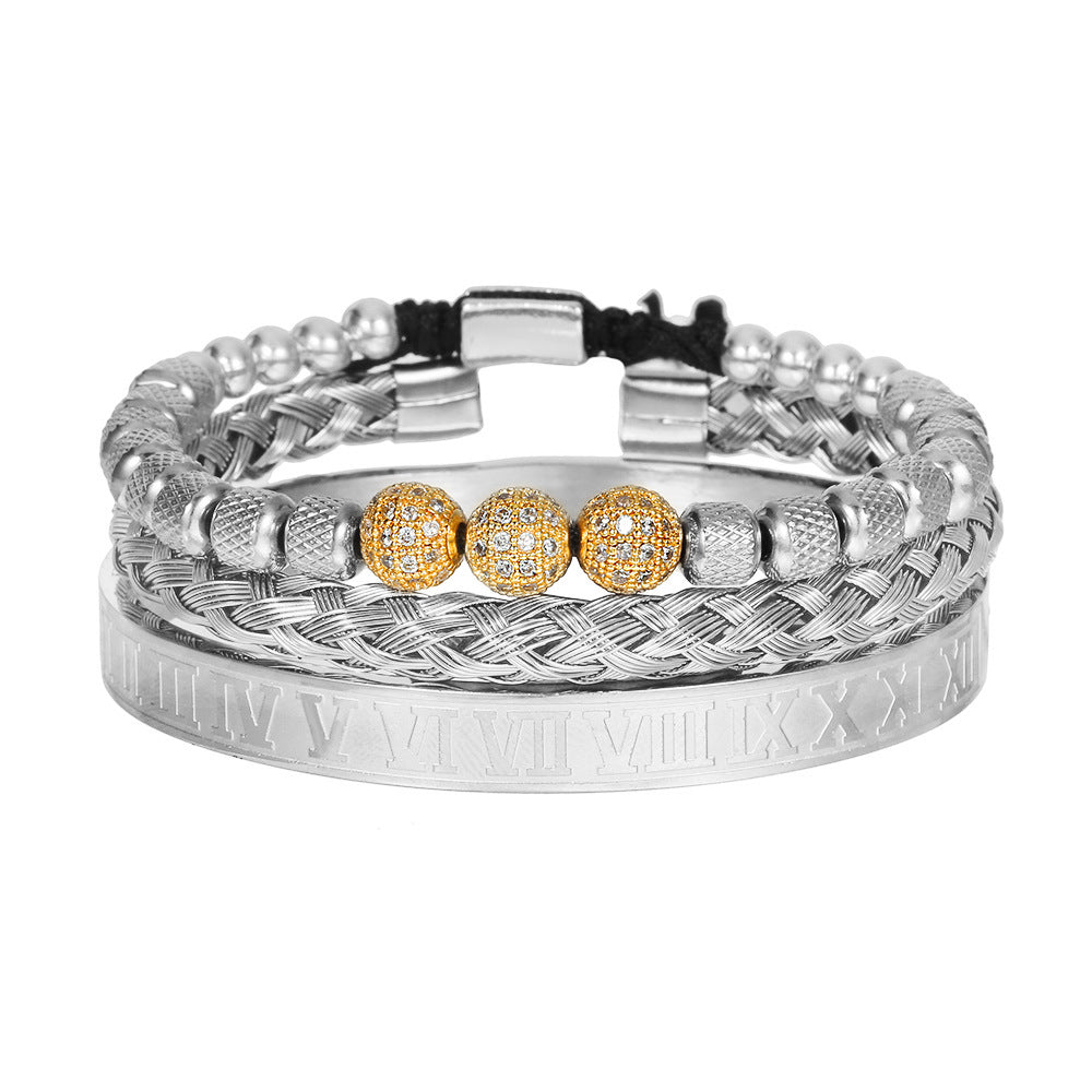 Amazon Hot Sale Men's Bracelet Woven Pineapple Bead Zircon Diamond Ball Three-piece Stainless Steel Roman Numeral Bracelet