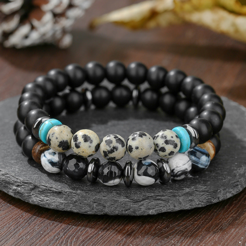 European and American retro style beaded bracelet male punk rock jewelry accessories natural black gallstone spotted stone bracelet wholesale