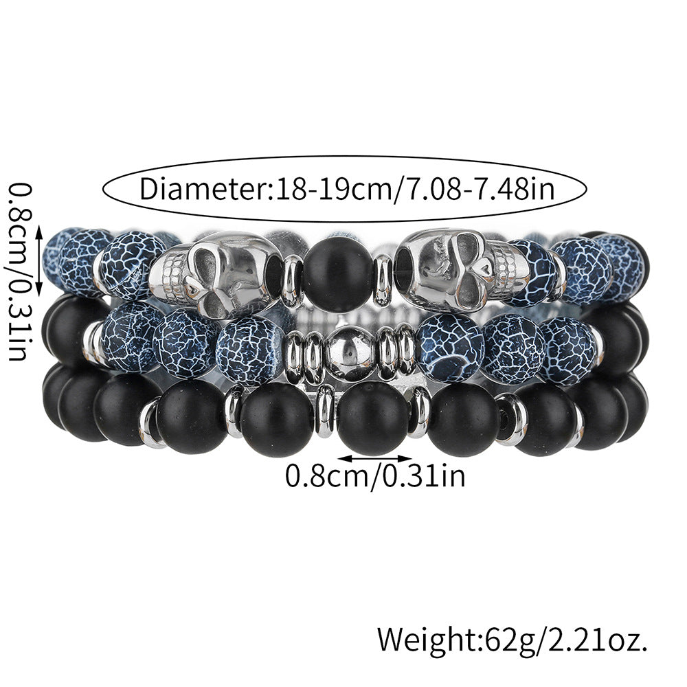Retro Men's Hip Hop Stainless Steel Skull Bracelet Multilayer Stacked Wear Beaded Weathered Black Agate Bracelet Non-Fading